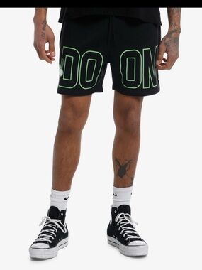 Men's Black Athletic Shorts with Neon Green Outline Graphic invader zim